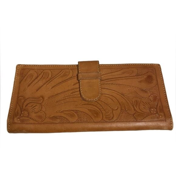 Tan/Orange Floral Faux Leather Large Wallet with Numerous Pockets - Picture 8 of 13